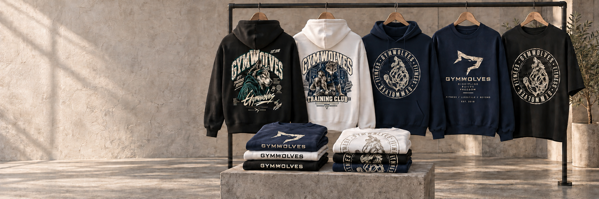 Askılıkta Gymwolves hoodie ve sweatshirt modelleri, önde katlanmış ürünler